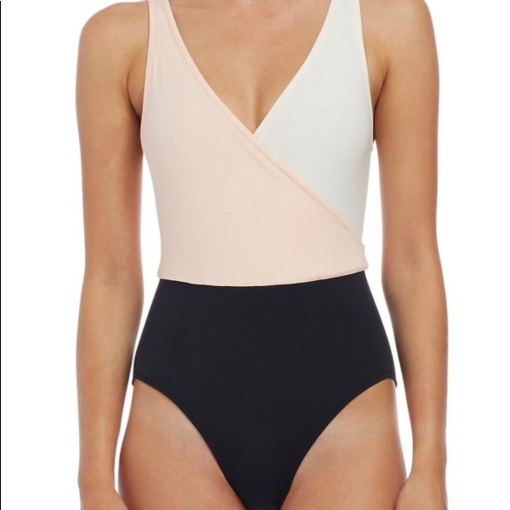 Solid and Stripe color  block swimsuit